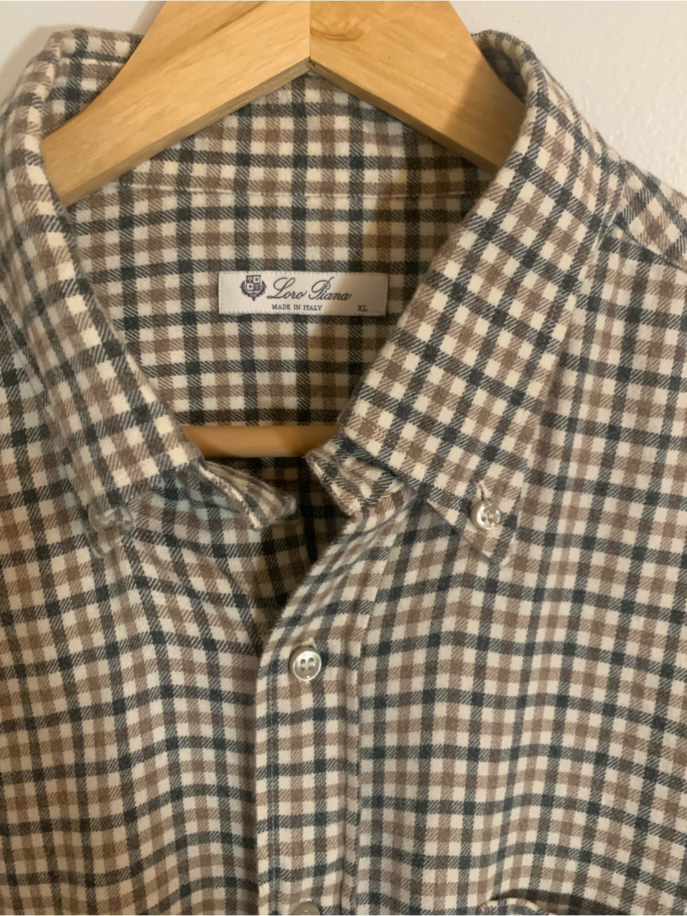 Loro Piana Brown and Cream Checked Button-Down Shirt Mens Size XL Logo Appliqué - Picture 2 of 8